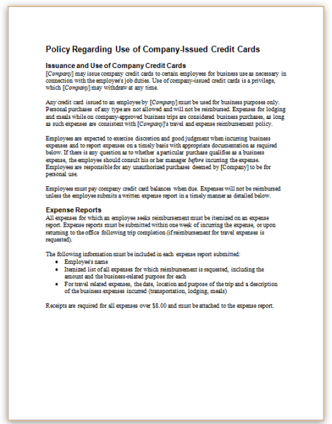 Policy Regarding Use Of Company Issued Credit Cards