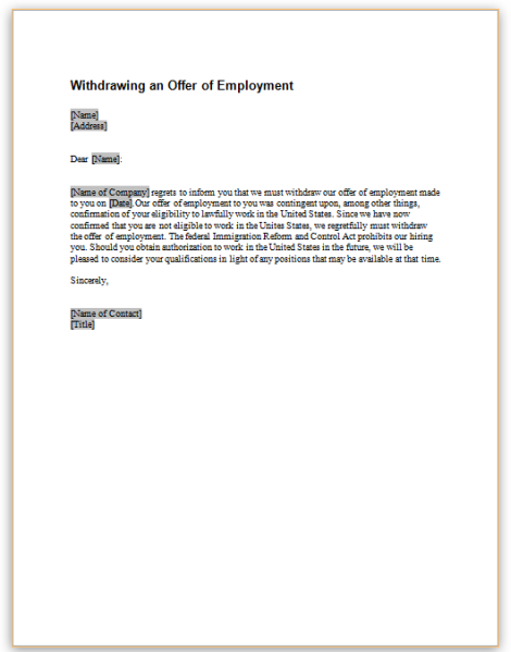 Withdrawing An Offer Of Employment Letter