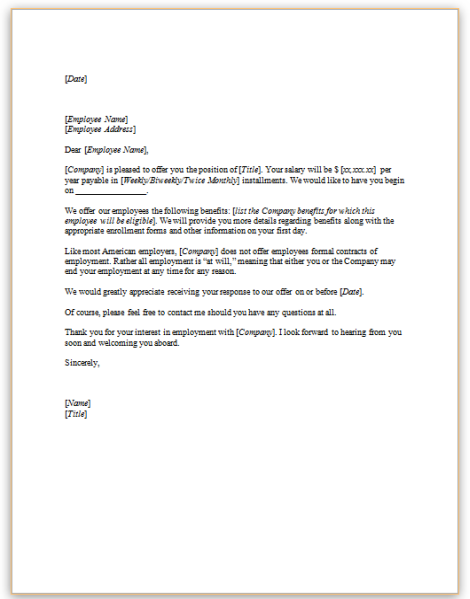Offer of Employment (Exempt Position)
